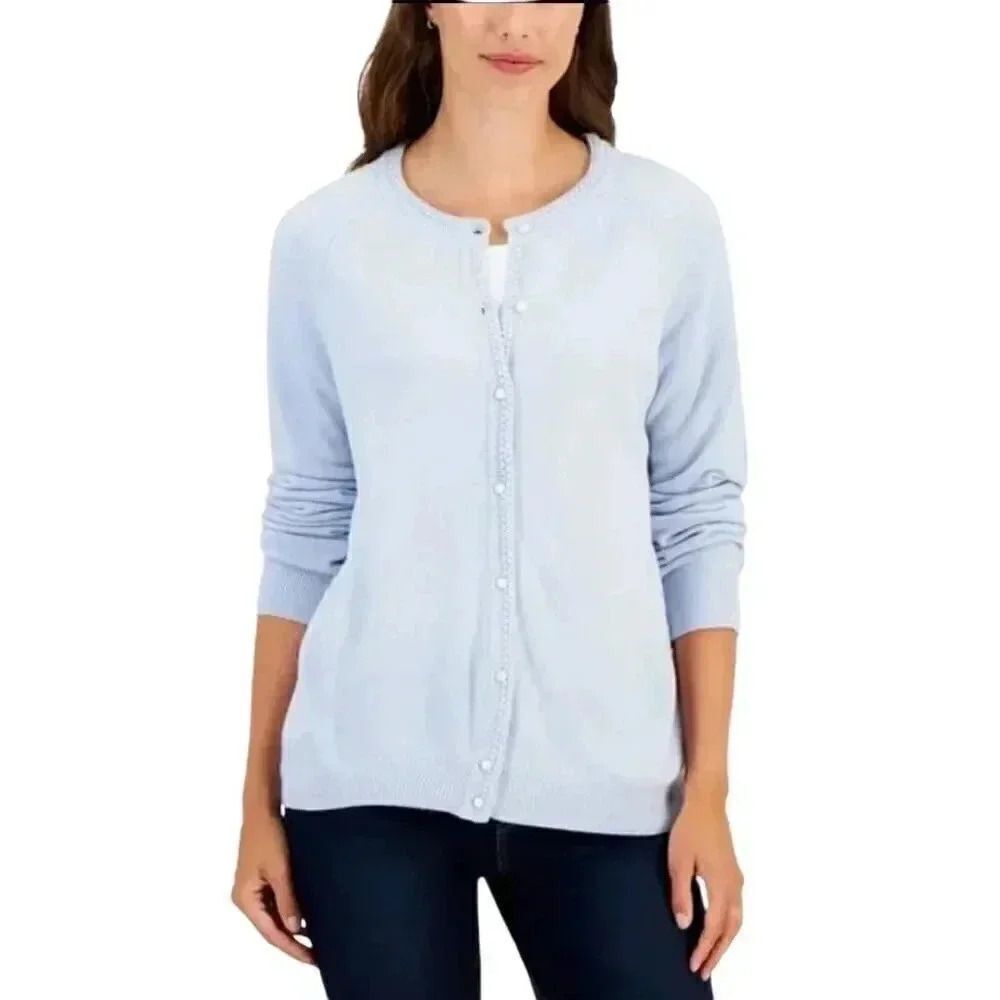 Christopher & Banks Women's Baby Blue Cotton Knit Cardigan Sweater NEW